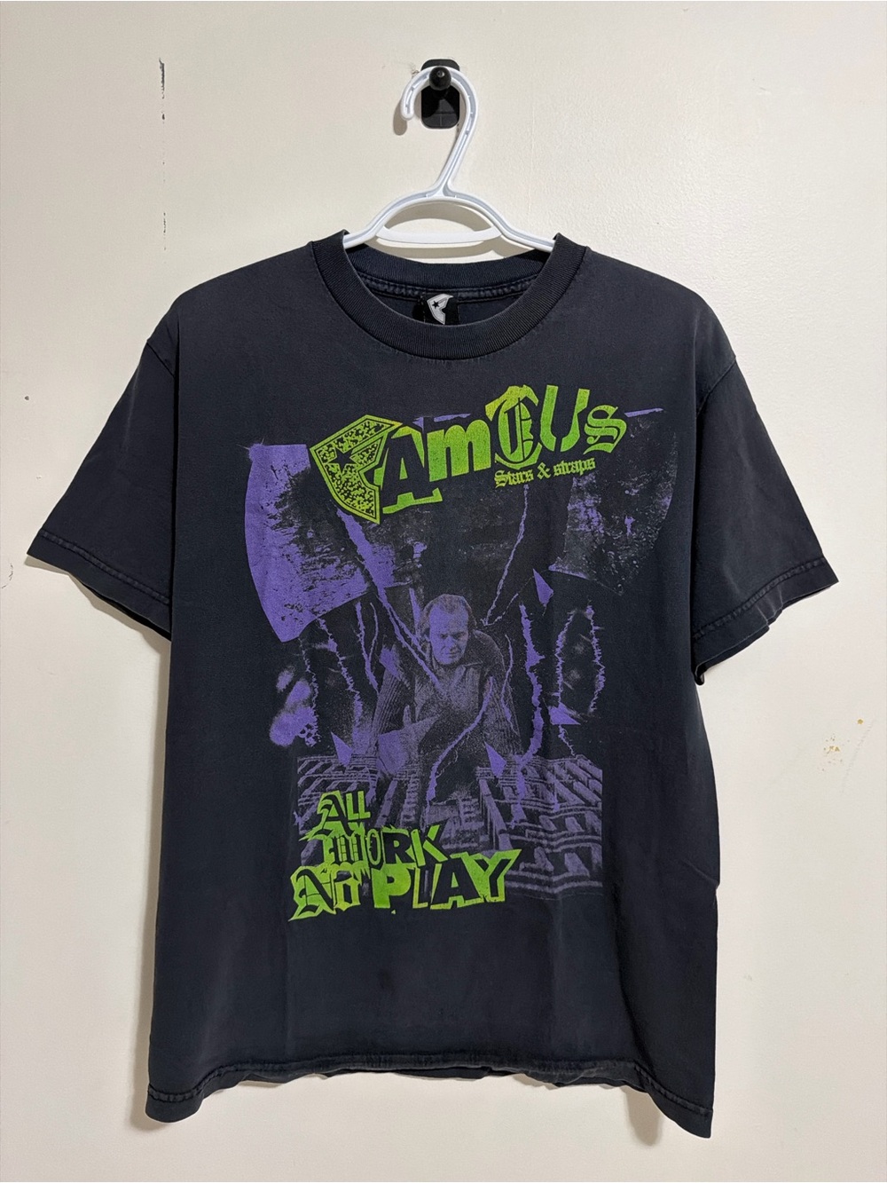Vintage Famous Stars & Straps Black Tee with Purple & Green Graphic